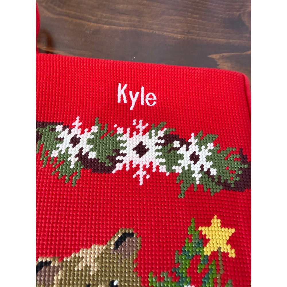 VTG Needlepoint Christmas Stocking Woodland Animals Bear Deer "Kyle" Red Velvet - Picture 2 of 9
